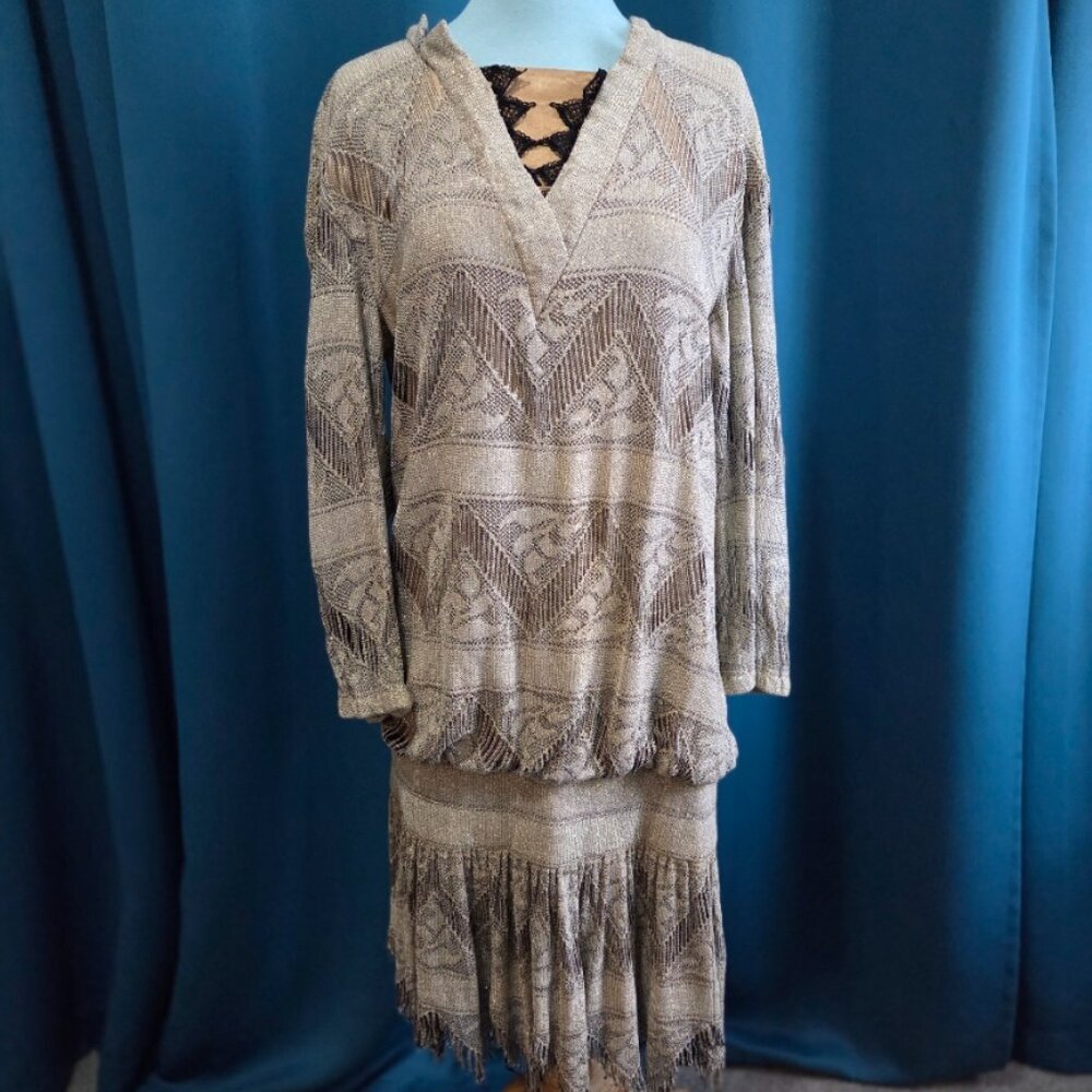 Vintage Damianou Gold Metallic Knit Drop-Waist Dress - S